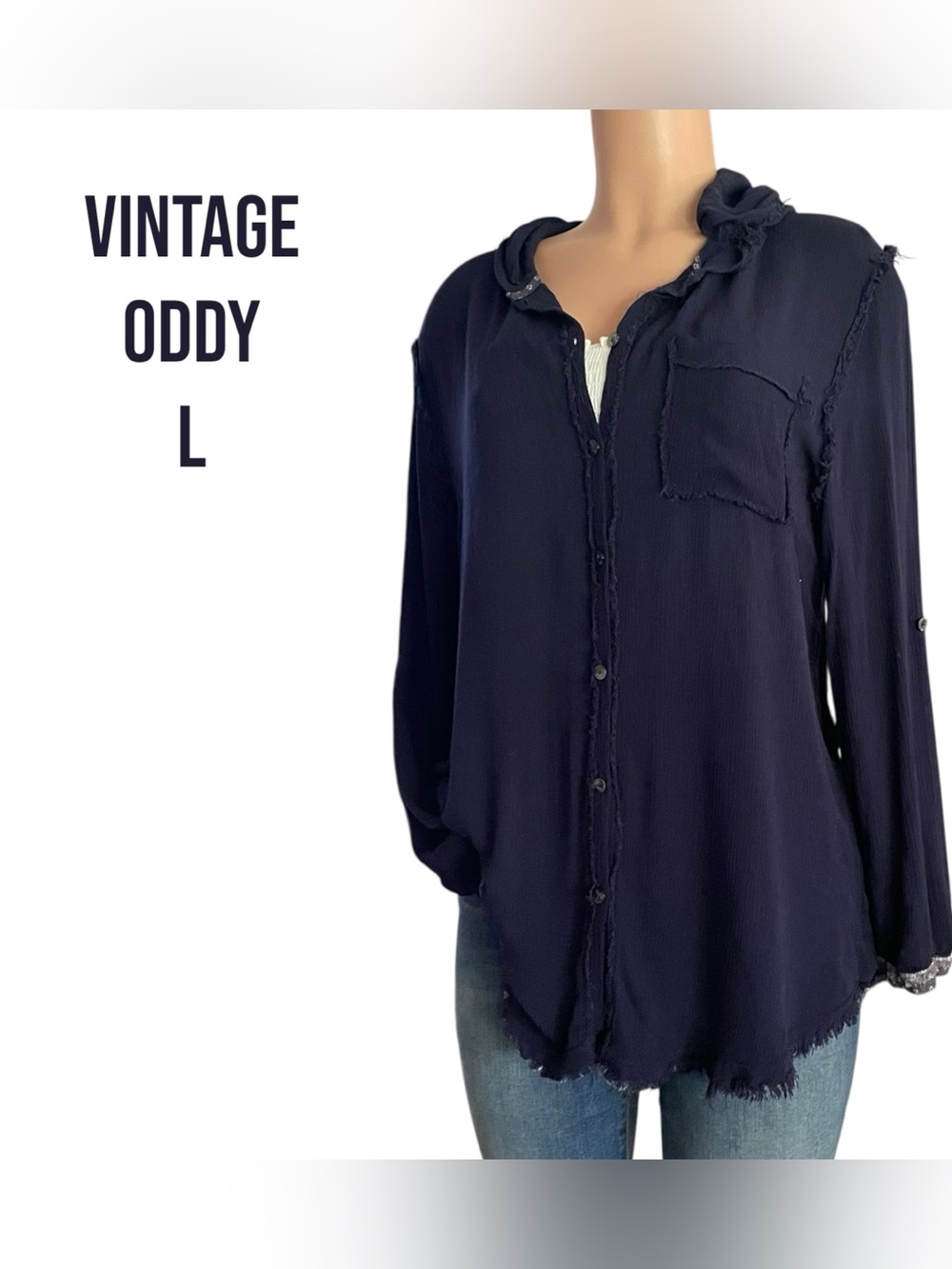 Vintage Oddy Navy Raw Edge Button Front Blouse Large Boho